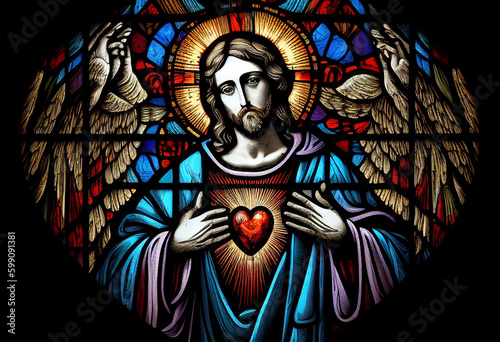 Merciful Jesus with a heart in the style of a church stained glass window, generative AI