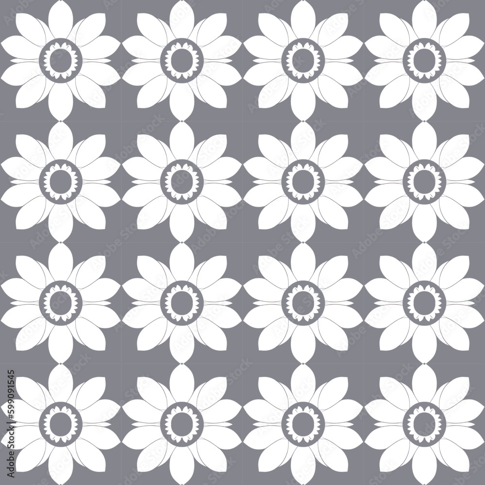 Serene and pop floral vector image with white flowers on gray background for repeat print and peaceful.