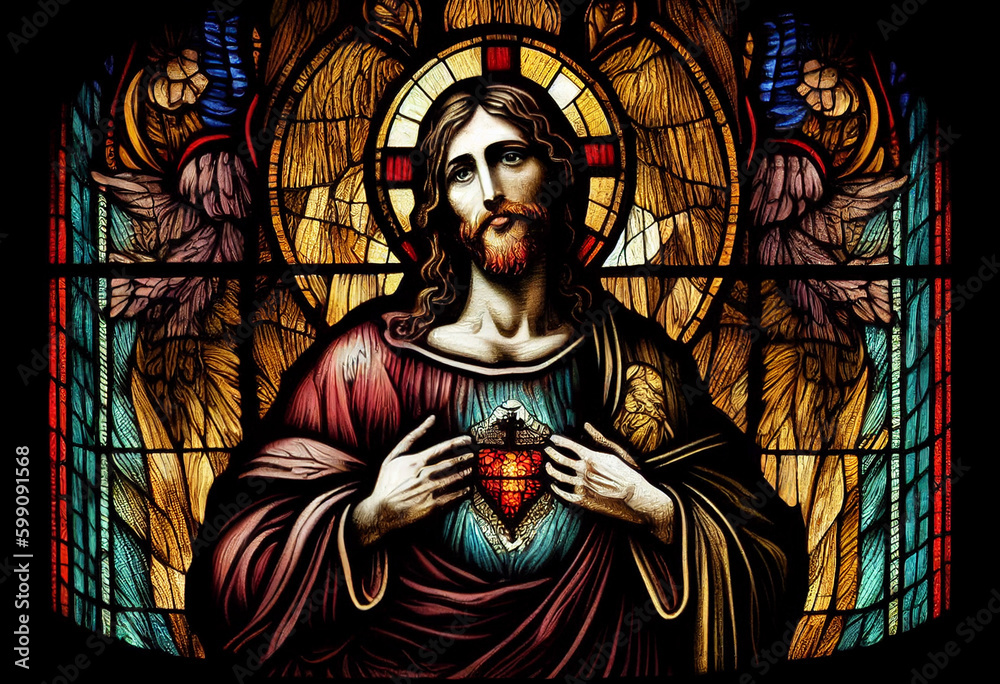 Fototapeta premium Merciful Jesus with a heart in the style of a church stained glass window, generative AI