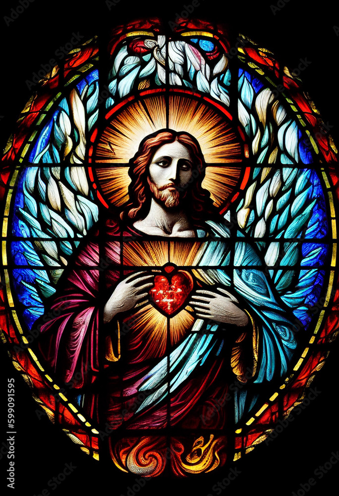 Merciful Jesus with a heart in the style of a church stained glass window, generative AI
