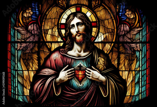 Merciful Jesus with a heart in the style of a church stained glass window, generative AI