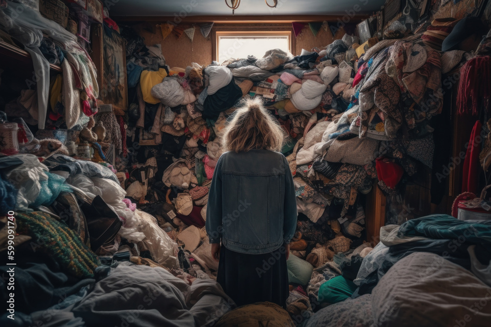 Naklejka premium Woman hoarder looking at a room piled with clothing, Generative AI