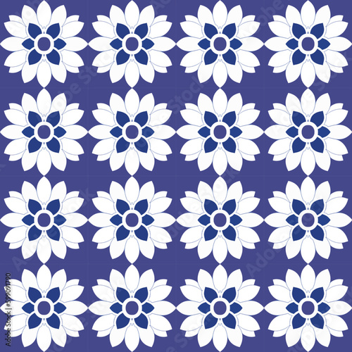 White and blue floral pattern with stylized geometric motifs and detailed pop art design in symmetrical.