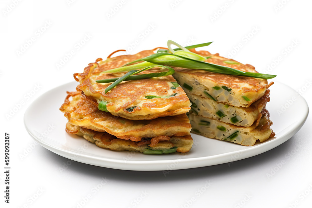 Haemul pajeon, seafood pancake. A white plate topped with a stack of pancakes. AI generative.