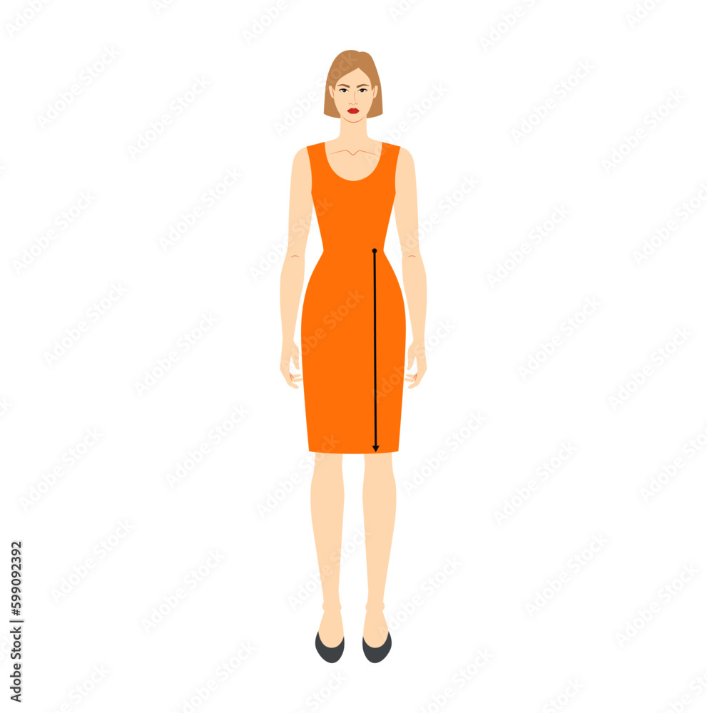Women to do waist to knee measurement body with arrows fashion Illustration for size chart. Flat female character front 8 head size girl in orange dress. Human lady infographic template Generative AI