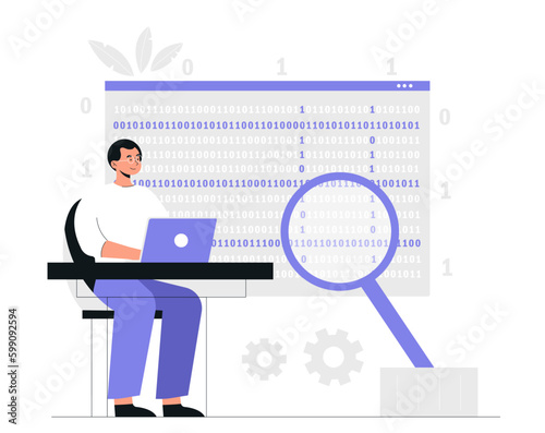 Man write code. Young guy develops programs and applications. Programmer and IT specialist in workplace. Frontend and backend developer. Character coding concept. Cartoon flat vector illustration