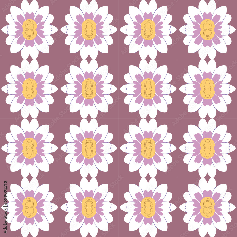Pastel pink background with little daisies and yellow centers makes up this flowery repeating pattern.