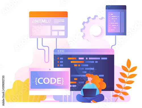 Woman write code concept. Young girl with laptop develops program, software and application, writes code for website. Programmer and IT specialist in workplace. Cartoon flat vector illustration