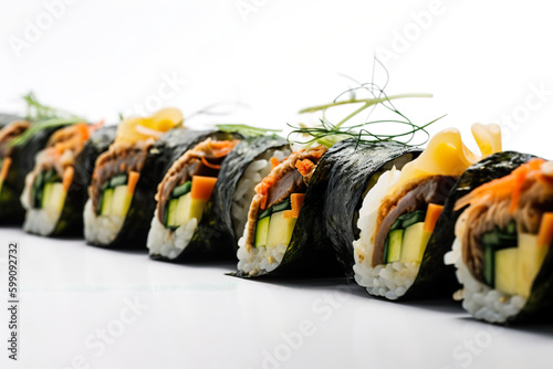 A row of Korean gimbap sushi rolls on a white surface. AI generative.