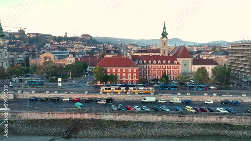 Public transport tram in Budapest, Hungary. Aerial shot following the tram, Angelo Rotta rkp photo