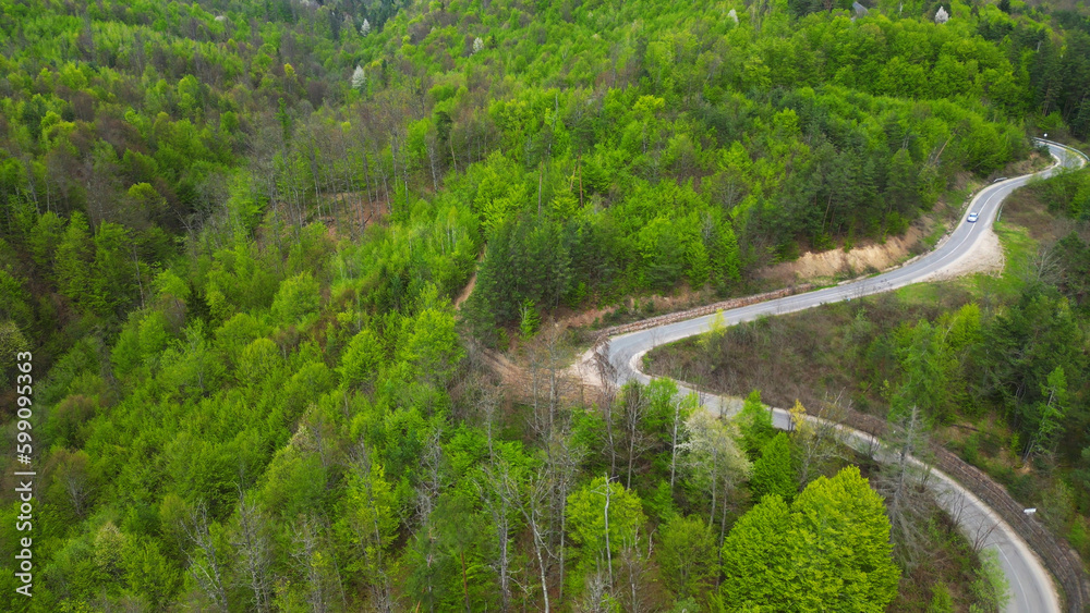 Aerial top view, rural road in the forest. Drone footage.