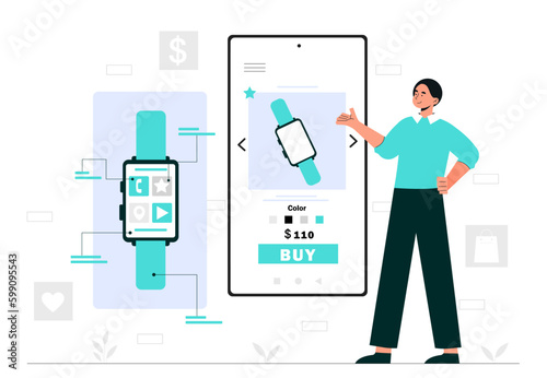Buy smart watch. Man on smartphone chooses gadgets and devices. Modern technologies and digital world. Online shopping and electronic payments. Cartoon flat vector illustration © Rudzhan