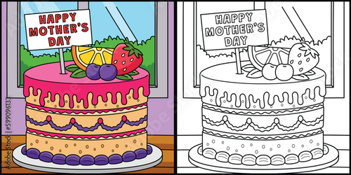 Happy Mothers Day Cake Coloring Page Illustration Generative AI