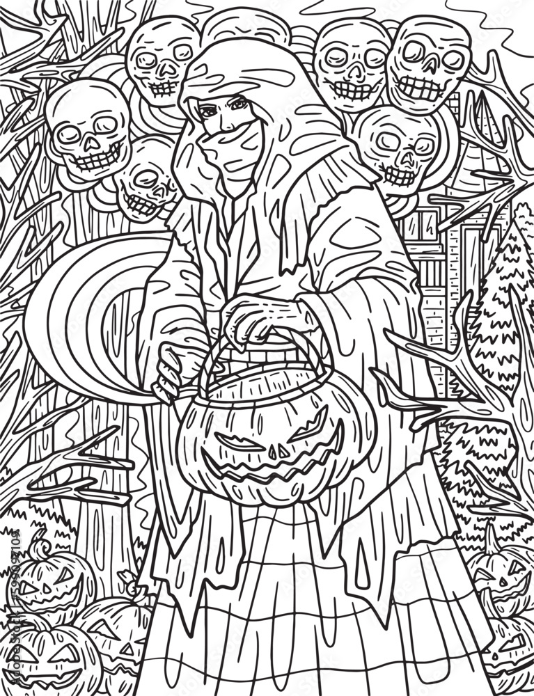 Halloween Hooded Traveler Adults Coloring Page Generative AI
