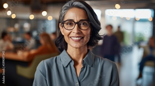 Attractive businesswoman woman posing at her work place with coworkers in the background. Generative AI 