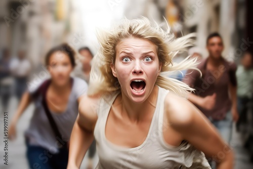 Blonde young woman running away in panic. Generative AI