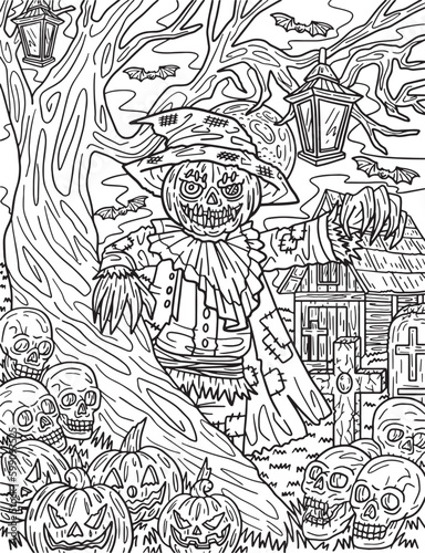 Halloween Scarecrow Standing Adults Coloring Page Generative AI