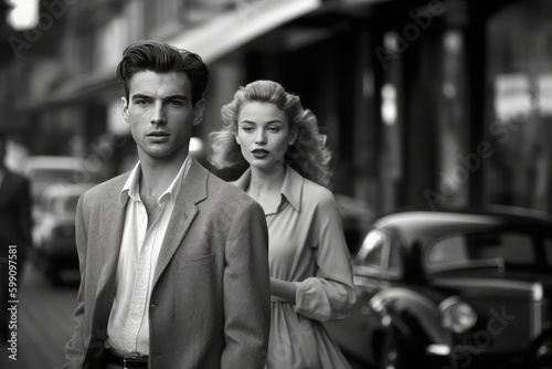 Attractive couple walking in the City in 1945-1955. monochromatic vintage. generative AI