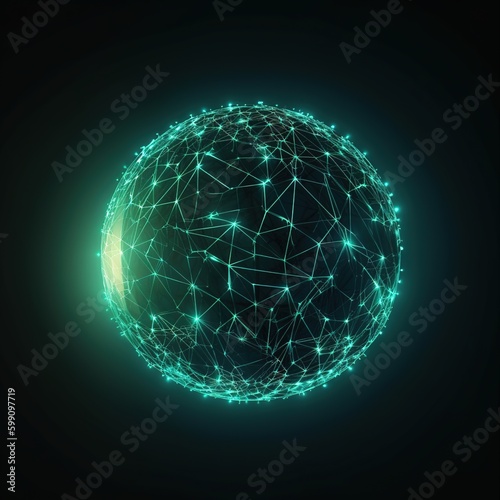 Digital circuit ball. Convergence of Digital and Technology. Background of blue light and wireframe network. Eco-Friendly Computing. generative AI