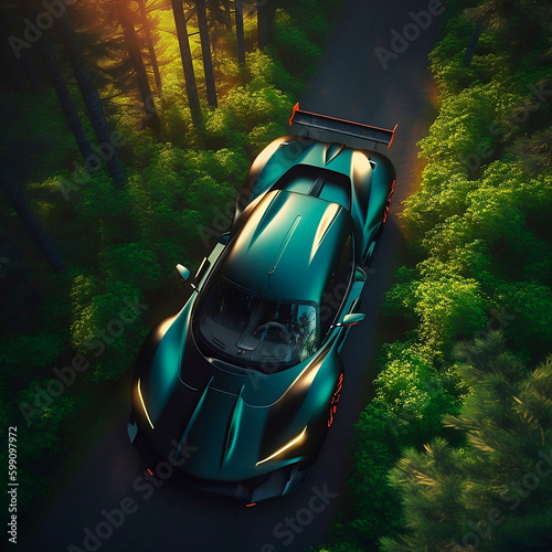 Green car in the forest 