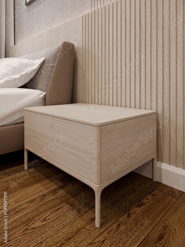 3D rendering  close up  empty space of night table or bedside table  with modern bed © Suwatchai