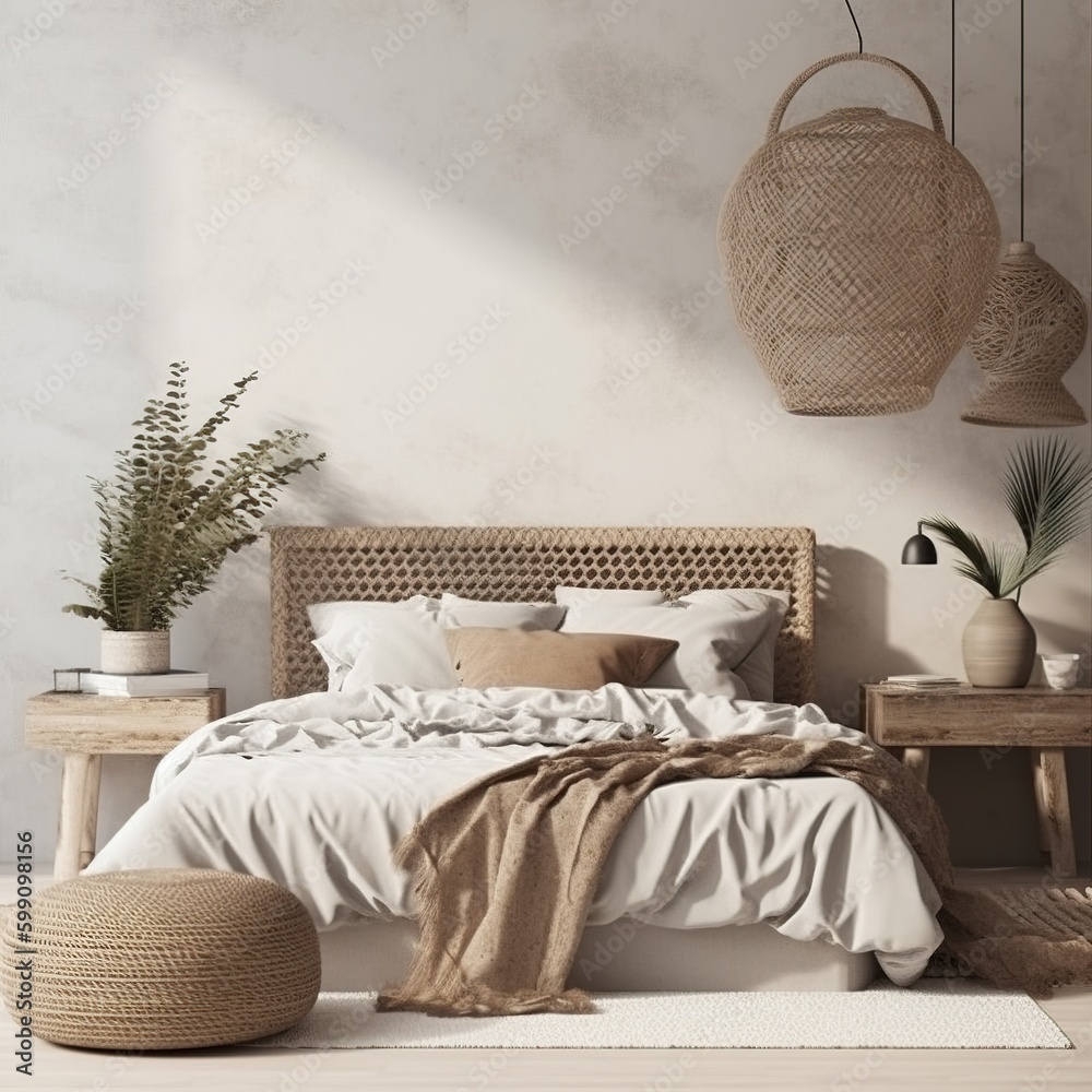 Coastal style home mockup, bedroom interior background with rattan ...