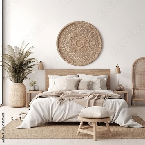 Home mockup, bedroom interior background with rattan furniture and blank wall, Coastal style. generative AI