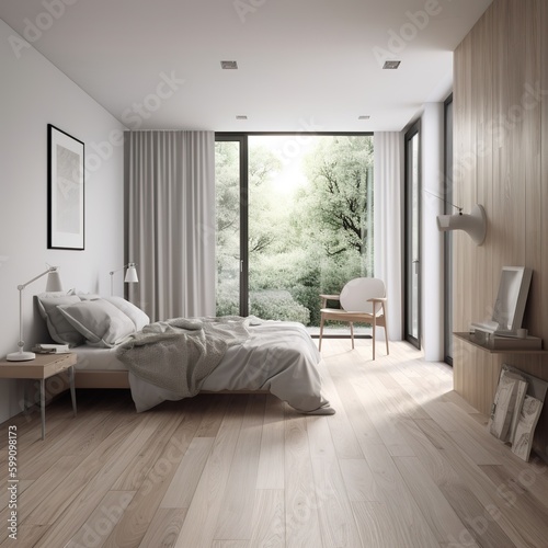 simple antique interior design in the master bedroom area. Use wood flooring  light gray cloth  and subframe wood walks in an apartment with huge windows. generative AI