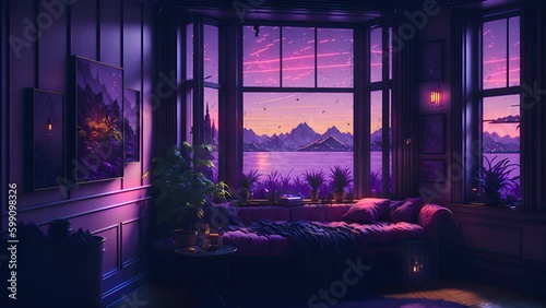 animated virtual backgrounds, stream overlay loop, cozy lo-fi living room at night, vtuber asset twitch zoom OBS screen, anime chill hip hop.