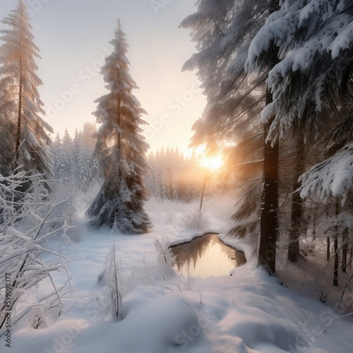 Snow forest with a sunset