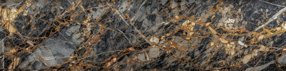 Panorama of polished dark grey granit or marble surface with golden inclusions. AI generative stone panoramic texture background, banner Panorama of polished dark grey granit or marble surface with golden inclusions. AI generative stone panoramic texture background, banner