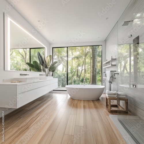 white bathroom with a bathtub and hardwood flooring. Shower and deck with accessories  two sinks  a wide mirror. generative AI