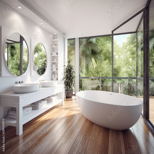 White bathroom interior with bathtub on hardwood floor  side view. Double sink with large mirror  shower and deck with accessories  panoramic window on tropics. generative AI