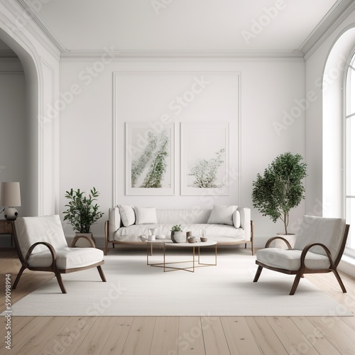 Interior of white living room with sofa and two armchairs, coffee table with laptop on carpet and hardwood floor. Mockup white wall with copy space. generative AI
