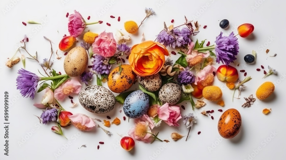 Brighten Your Table with an Easter-inspired Variety of Quail Eggs and Vibrant Spring Flowers for a Fresh and Healthy Seasonal Meal, Generative AI