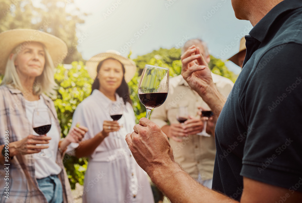 Farmer talking and explaining to diverse group of friends while holding wineglass of red wine on farm. People standing together with alcohol for tasting during summer on vineyard. Weekend wine tastin Farmer talking and explaining to diverse group of friends while holding wineglass of red wine on farm. People standing together with alcohol for tasting during summer on vineyard. Weekend wine tastin