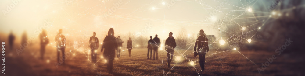 Fototapeta premium Group of walking people and communication network concept. Social mesh. AI generative illustration.
