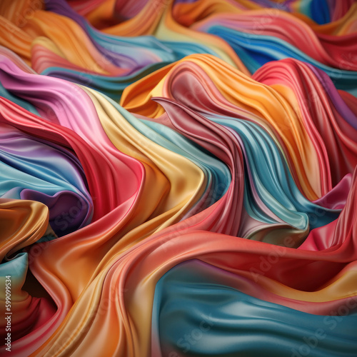 Smooth elegant wavy rainbow colorful satin luxury cloth fabric texture, abstract background design. AI generative illustration.