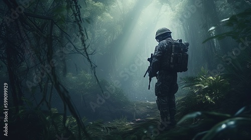 soldier maneuvers in jungle terrain, digital art illustration, Generative AI