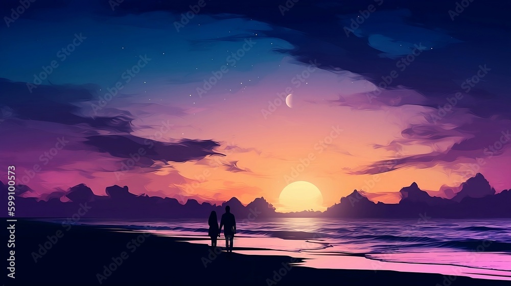 Romantic beach scene with couple holding hands and moon in sky, couple in love on shore, silhouette style, generative AI