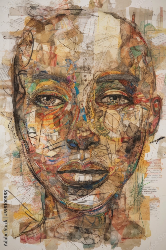 A digitally made mixed media collage image of a face. Generative AI.