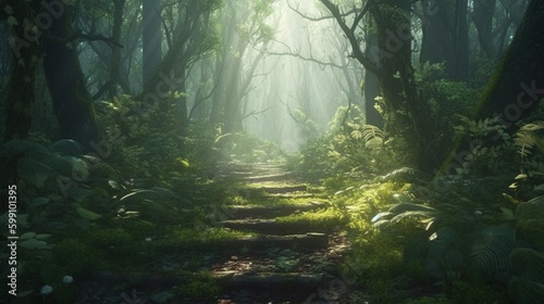 highlighting path on forest, digital art illustration, Generative AI © Artcuboy