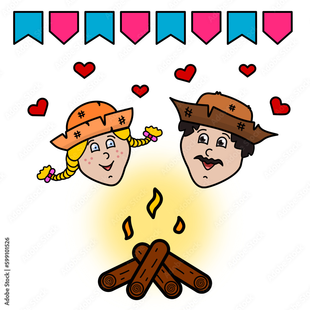 Casal caipira de festa junina ou julina, com bandeiras coloridas, corações e fogueira acessa. Vetor com cor e traço editável.