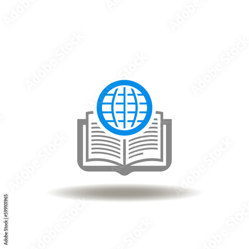 Vector illustration of book and globe. Icon of smart online education. Symbol of global e-learning.