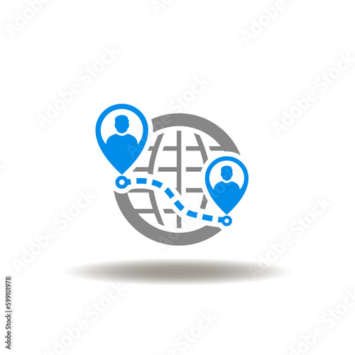Vector illustration of earth planet and location pointers with men. Icon of geo targeting. Symbol of travel, tourism, traking.