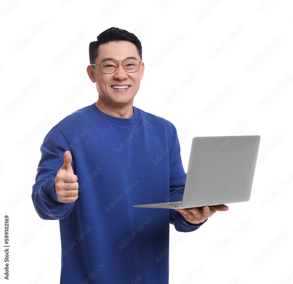 Happy man with laptop showing thumb up on white background Happy man with laptop showing thumb up on white background
