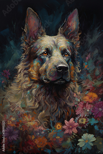Portrait of Shepherd Dog in Colorful Psychedelic Style. Generative ai