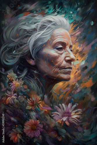 Portrait of Old Woman with Gray Hair Surrounded by Flowers. generative ai