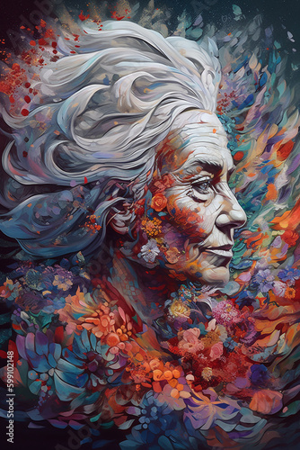 Portrait of Old Woman with Gray Hair Surrounded by Flowers. generative ai