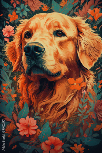 Portrait of Golden Retriever Dog in Colorful Psychedelic Style. Generative ai